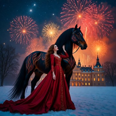 Woman in red gown with black horse