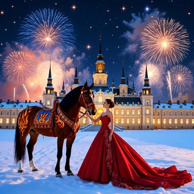 Woman with Horse Before Snowy Castle Fireworks