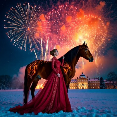Woman in red gown with horse fireworks