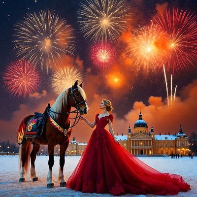 Woman in red gown with horse fireworks