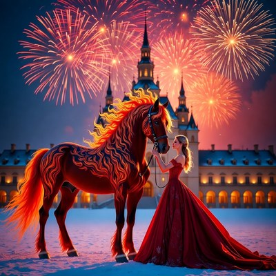 Woman with Fiery Horse Before Castle Fireworks