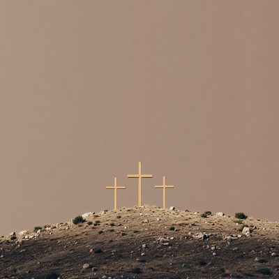 Three Wooden Crosses on Hill