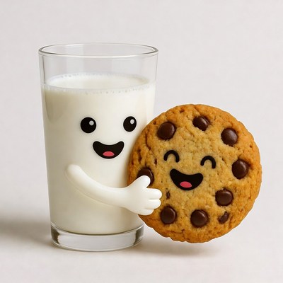 Cute milk glass hugging chocolate chip cookie