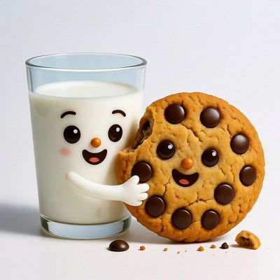 Smiling Milk Glass Hugging Chocolate Chip Cookie