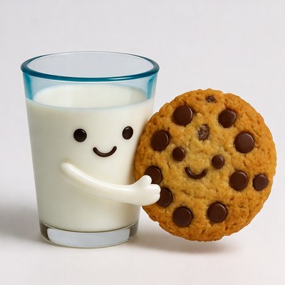 Cute milk glass hugging chocolate chip cookie