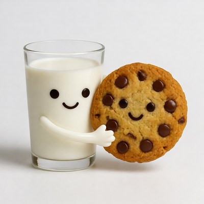 Cute milk glass hugging chocolate chip cookie