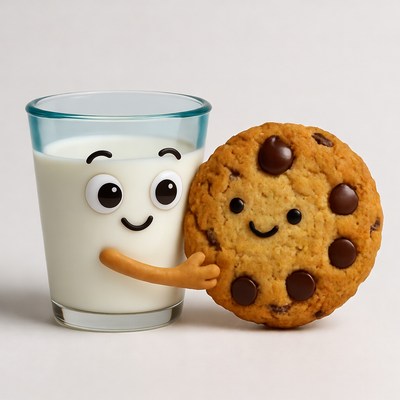 Cartoon Milk Glass Hugging Chocolate Chip Cookie