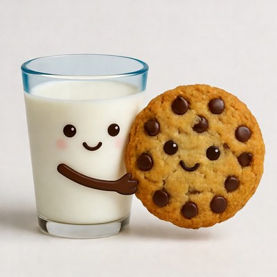 Cute milk hugging chocolate chip cookie