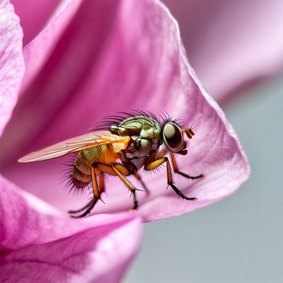 Fly on pink flower petal