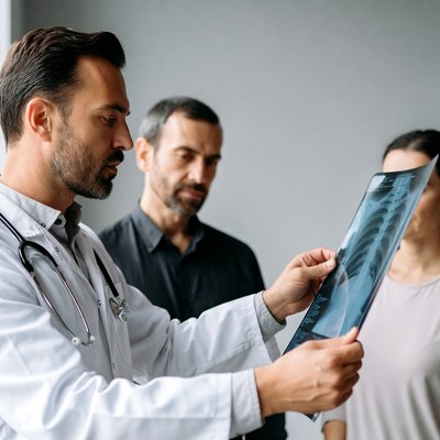 Doctor showing x-ray to couple