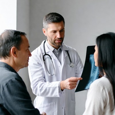 Doctor showing X-ray to man and woman