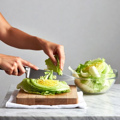 Woman chopping cabbage on cutting board