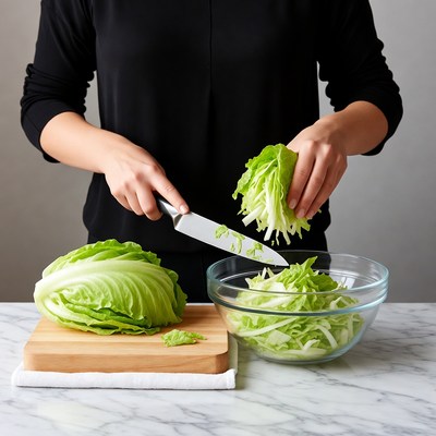 Woman chopping lettuce in kitchen