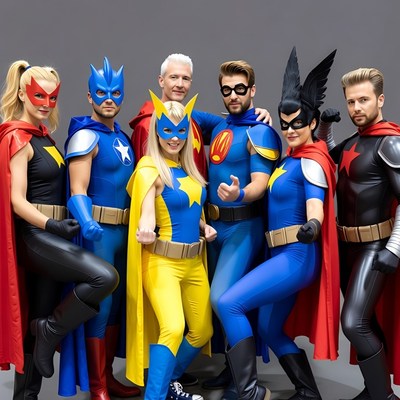 Group in superhero costumes posing