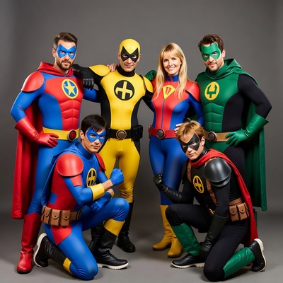 Six Superheroes Posing in Costume Group