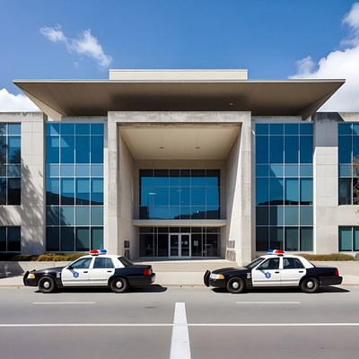 Police Cars Parked at Modern Building
