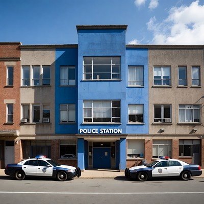 Blue Police Station with Parked Cars
