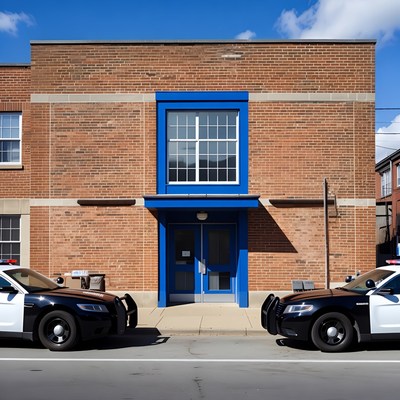 Police Cars Parked at Brick Station