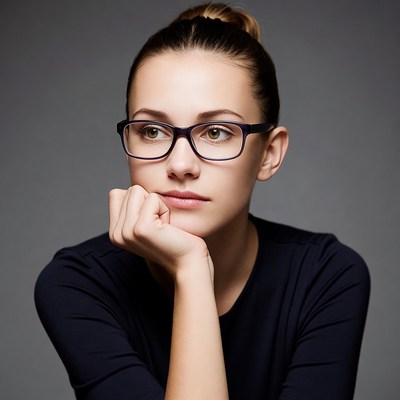 Woman with glasses resting chin on hand