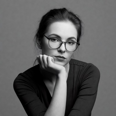 Woman with glasses hand on chin