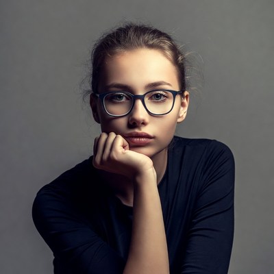 Young woman with glasses hand on chin
