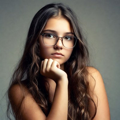 Young woman with glasses thoughtful pose