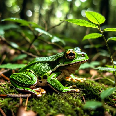 Green tree frog on moss