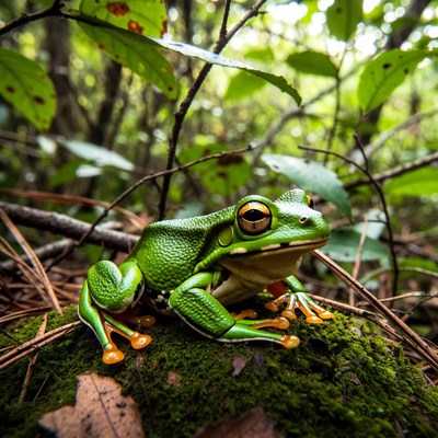 Green tree frog on mossy rock