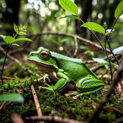 Green tree frog in forest