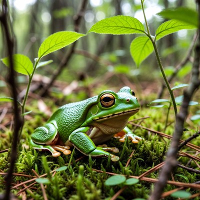 Green tree frog in forest