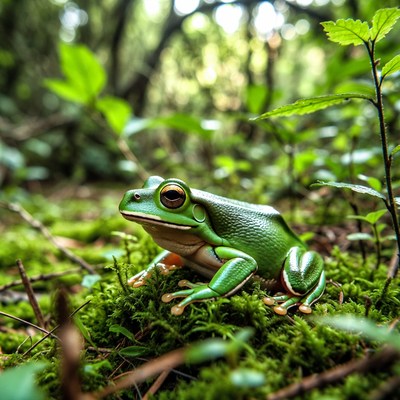 Green tree frog on moss
