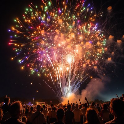 Crowd watching colorful fireworks display