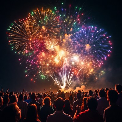 Crowd watching colorful fireworks display
