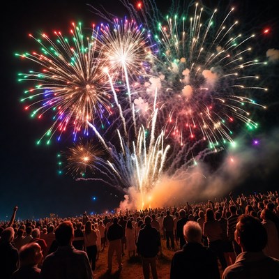 Crowd watching colorful fireworks display