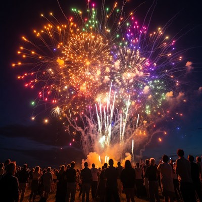 Crowd watching colorful fireworks display