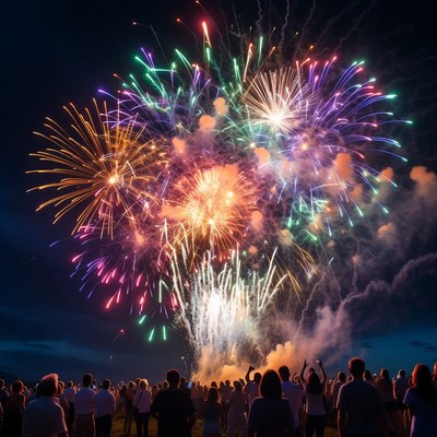 Crowd watching colorful fireworks display