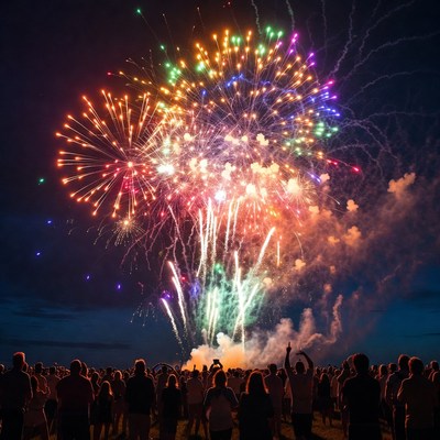Crowd watching colorful fireworks display