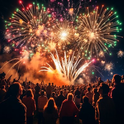 Crowd watching colorful fireworks display