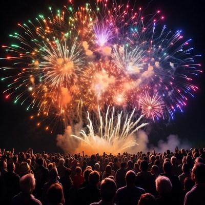 Crowd watching colorful fireworks display