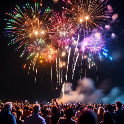 Crowd watching colorful fireworks display