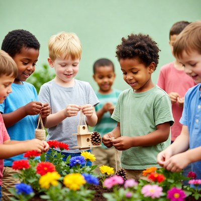 Children crafting birdhouse with flowers