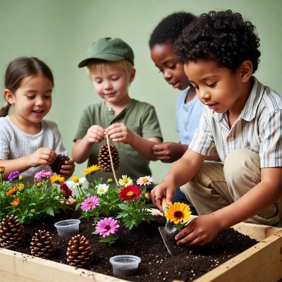 Diverse children planting flowers and pinecones