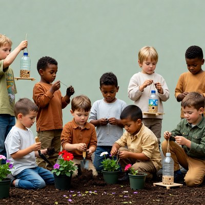 Diverse children planting flowers