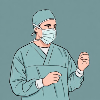 Surgeon in green scrubs and mask