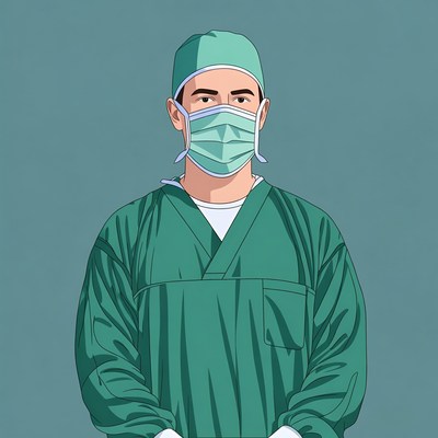 Asian surgeon in green scrubs