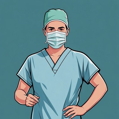 Female doctor in scrubs with mask