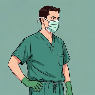 Doctor in green scrubs with mask
