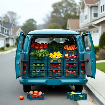 Blue Van Loaded with Fresh Vegetables