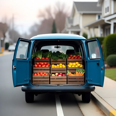Blue Van Loaded with Fresh Vegetables