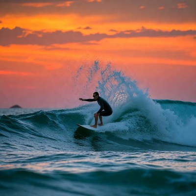 Man surfing wave at sunset